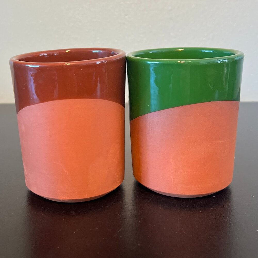 Set of 2 Handcrafted Terra Cotta Pottery Coffee Mugs Asymmetrical Dipped Glaze - Picture 5 of 13